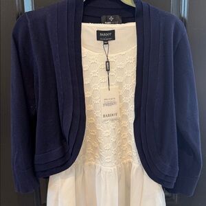 Bardot White Midi Dress with dark blue bolero.